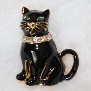 Monet Black Enamel Cat Brooch Green Crystal Eyes Gold Trim